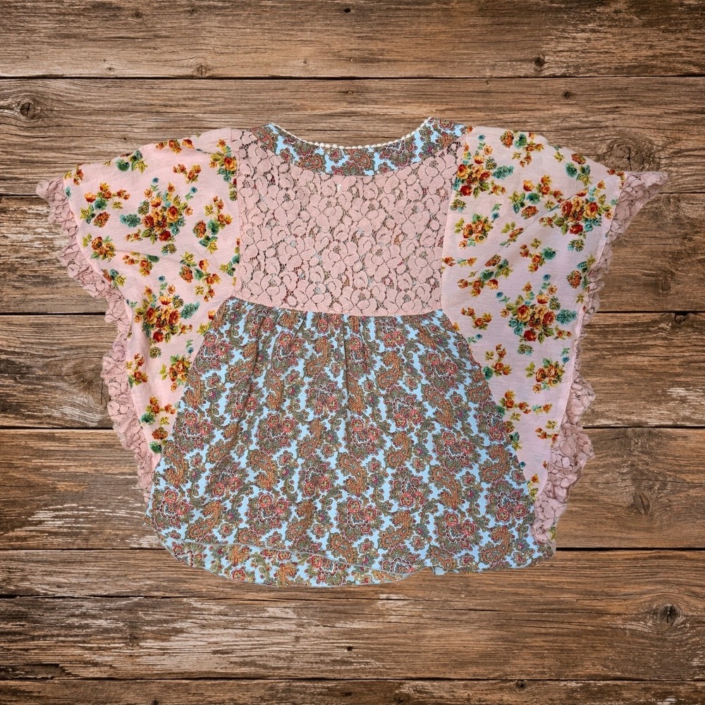 Boho Floral Paisley Babydoll Blouse Pink Blue Lace Flutter Sleeve Ivy Jane S - Picture 3 of 7